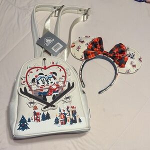 Disney Loungefly Mickey and Minnie ski Christmas backpack and ear headband set